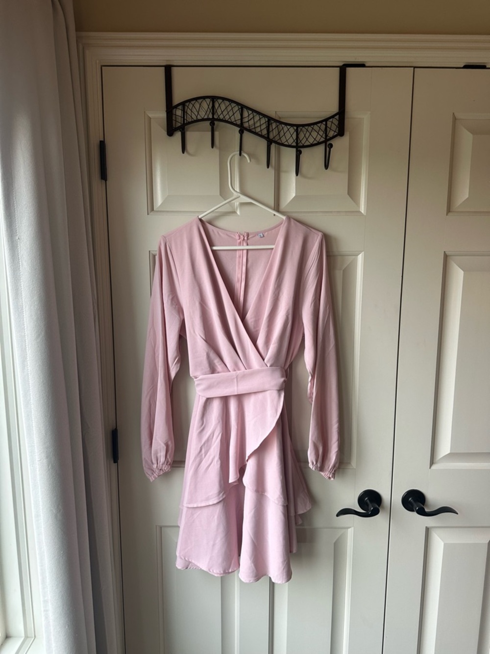 Amazon Pink Long-Sleeve Wrap Ruffle Dress